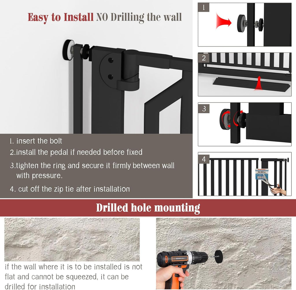 Glaf Extra Tall Pet Gate 63" Pressure Mounted Cat Door Safety Metal Cat Gate Adjustable Width Dog Door Auto-Close Dog Gates for Doorways, Stairs, Kitchen, Hallway (Black, 33.86-37.4")