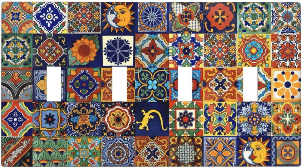 Talavera Mexican Tiles Traditional Color Decoration Print Light Switch Covers Quad Toggle Electrical Faceplate 4 Gang Wall Plate Decorative Switch Plates for Kitchen Bathroom Decor