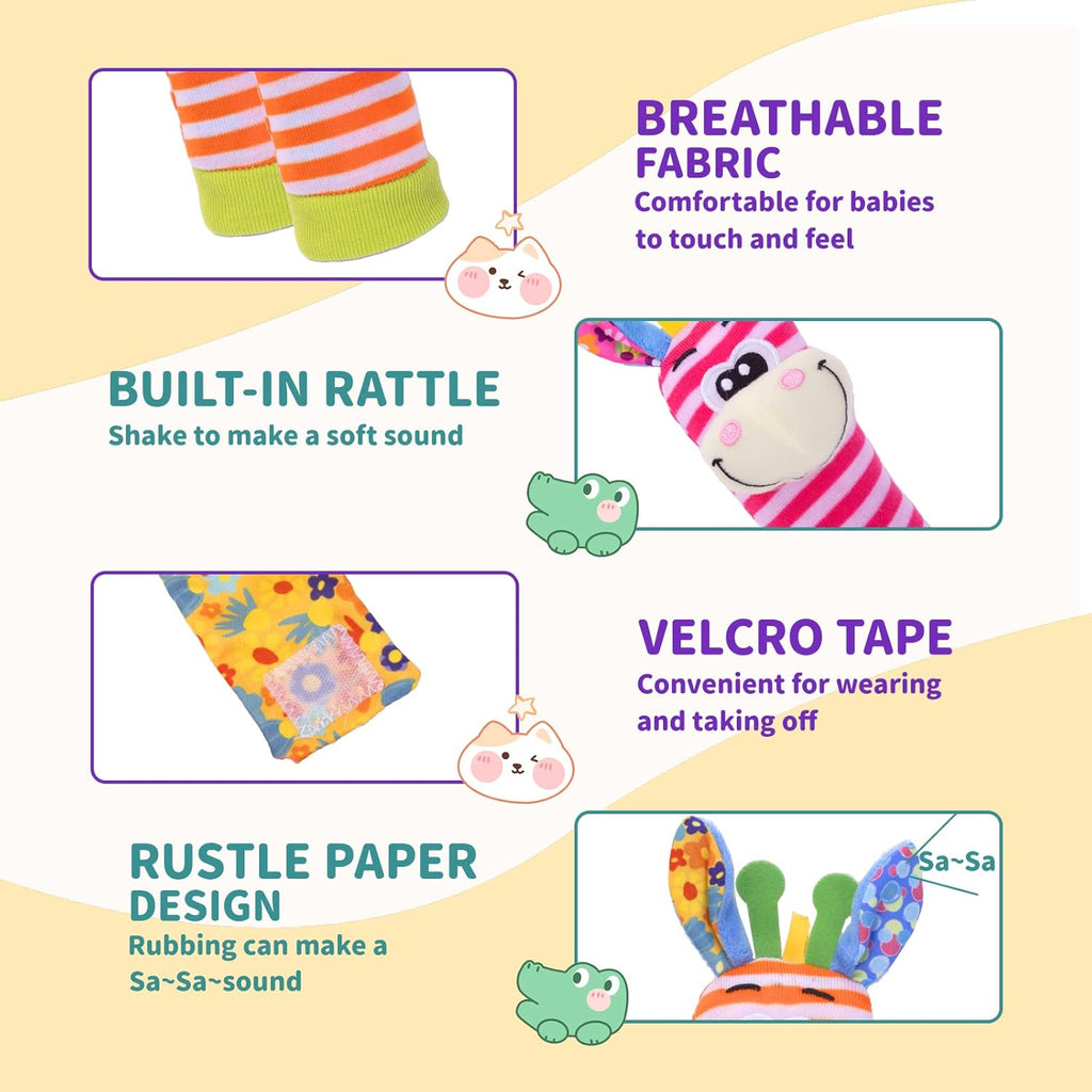 Wrist Rattles Baby Socks Baby Toys Set Soft Sensory Toys for Babies Cartoon Animal Rattles Sock Early Development Toy Baby Shower Birth Gift for Newborn Infant Baby Boy Girl 0 to 3 Years Old