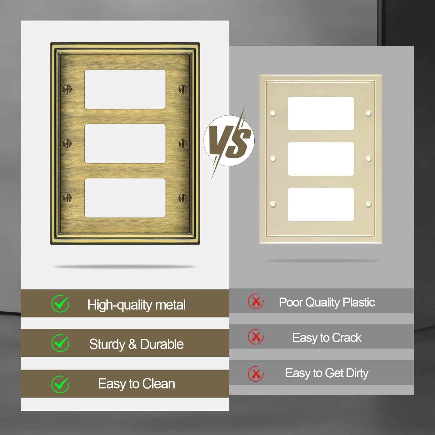 2 Pack Triple Decorator Switch Covers Wall Plate, Antique Brass Metal Material Rocker Switch Plates, 3 Gang Wall Plate for Receptacle, GFCI Outlet, Dimmer Switch - Classic Style