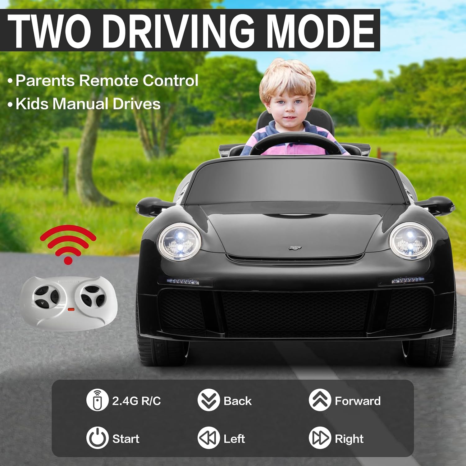 Licensed RUF CTR3 12V Kids Electric Car with Parent Remote Control, 2 Motors, 3 Speeds, LED Lights, MP3 Player | Battery Powered Ride-On Toy for Kids to Drive - Black