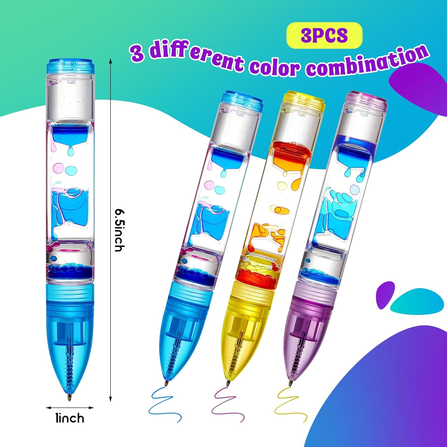 3 Pcs Liquid Motion Bubbler Pens Cool Pens Fidget Pen Fun Liquid Timer Pen Fidget Toys Office Desk Toys Novelty Gifts for Autism Adhd Anxiety Stress Relief Sensory Play (Blue, Purple, Yellow)