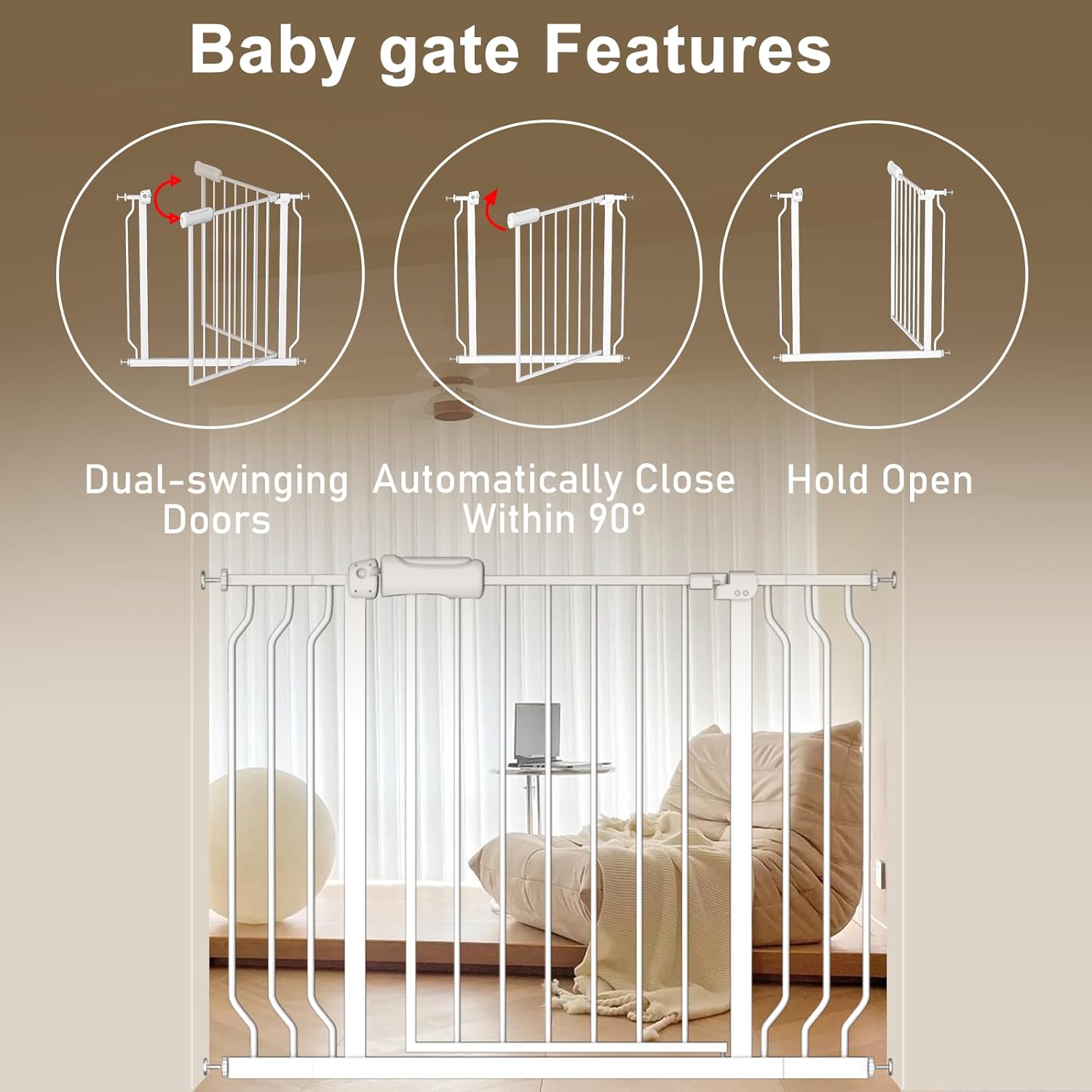 ALLAIBB Extra Wide Baby Gate Pressure Mount with Auto-Close, White Metal Safety Gate for Stairs & Doorways - Child Proof, Pet Barrier for Hallways, Kitchen, Living Room for 52.76-57.48 inch