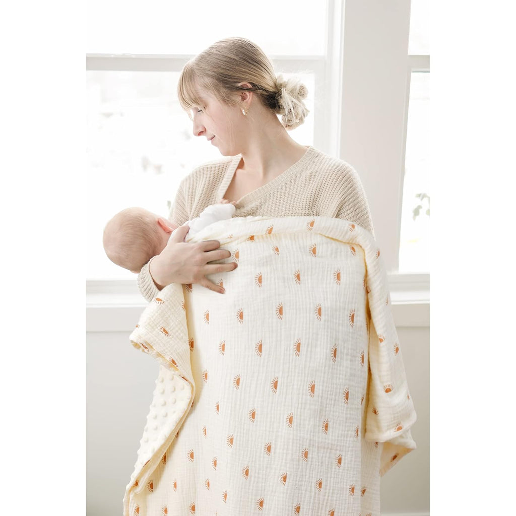 Konssy Baby Blankets for Unisex Boys Girls, Super Soft Nursery Minky Blankets with Muslin Cotton Front and Dotted Fleece Backing, Printed Bed Throws Newborn