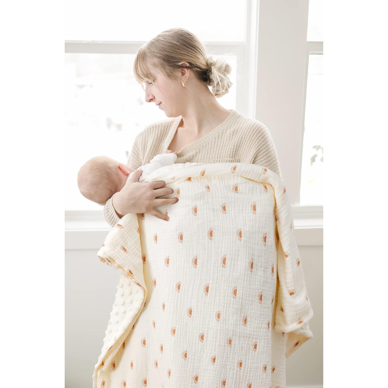 Konssy Baby Blankets for Unisex Boys Girls, Super Soft Nursery Minky Blankets with Muslin Cotton Front and Dotted Fleece Backing, Printed Bed Throws Newborn