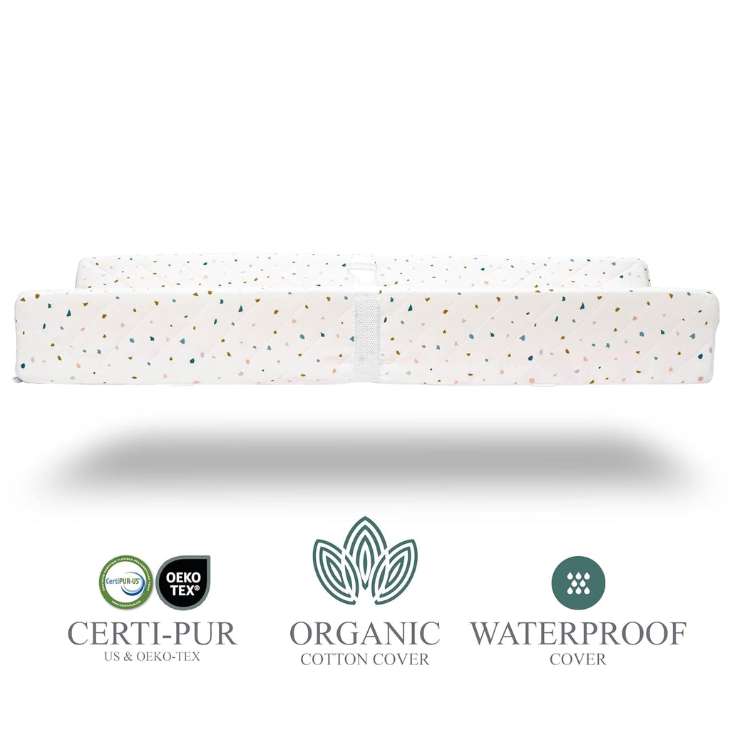 Organic Cotton Contoured Baby Changing Pad w/Waterproof Foam Mattress, Includes Soft, Removable & Washable Cover, Safety Strap, Non-Slip Bottom, Topper for Standard Size Infant Diaper Table & Dresser