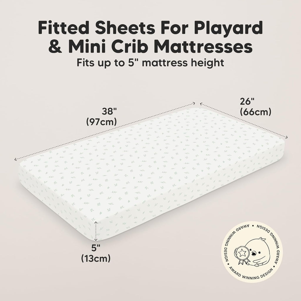 2-Pack Mini Crib Sheets Fitted - 38x26 Pack N Play Sheets for Pack and Play Mattress, Organic Cotton, Soft & Breathable Playard Bedding, Neutral Mini Toddler Bed Cover for Boys, Girls (Herb)