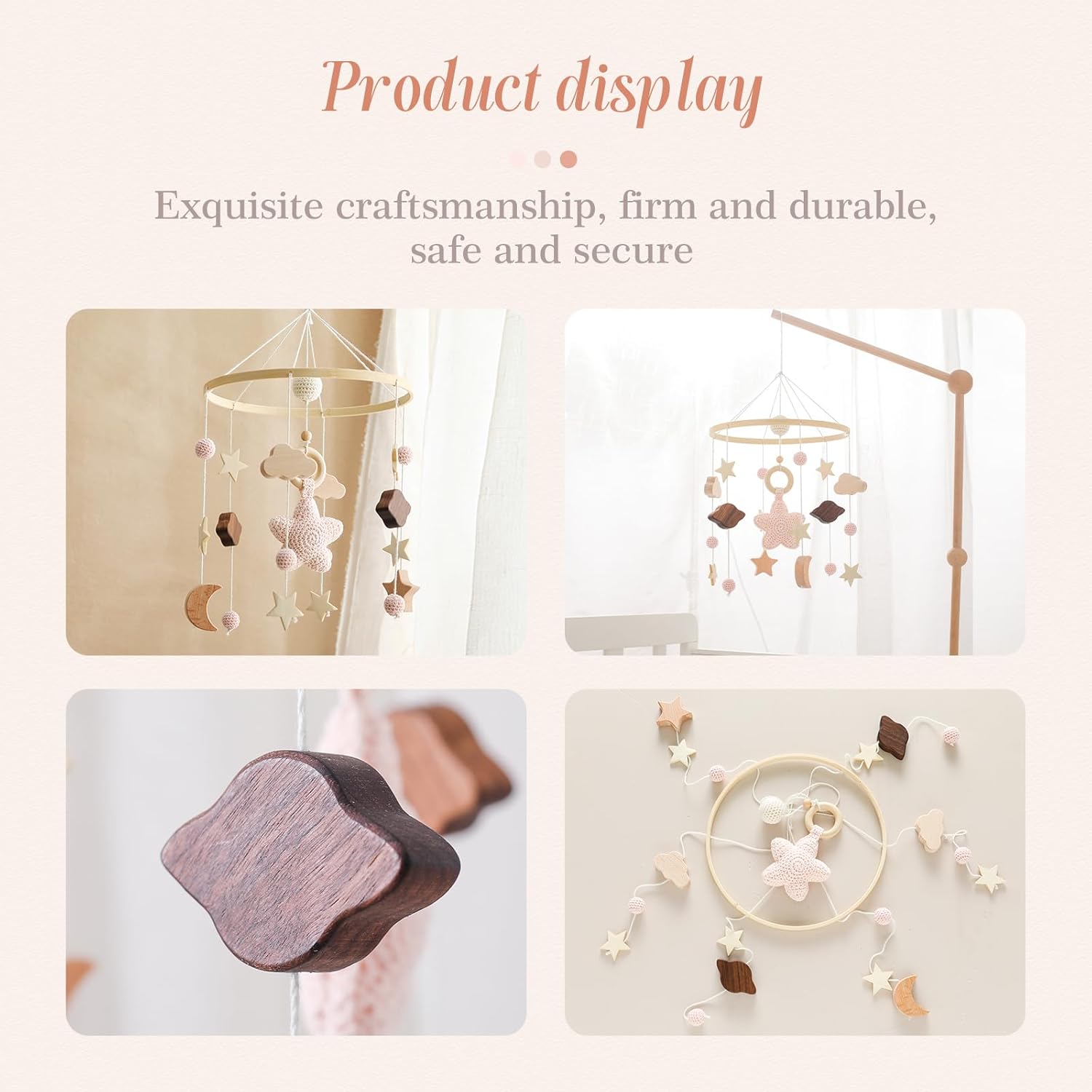 Baby Crib Mobile for Boys Girls| Boho Nursery Mobile| Gender Neutral Hand-Crocheted Mobile| Ceiling Mobile - Stars, Clouds, Moon (Pink)