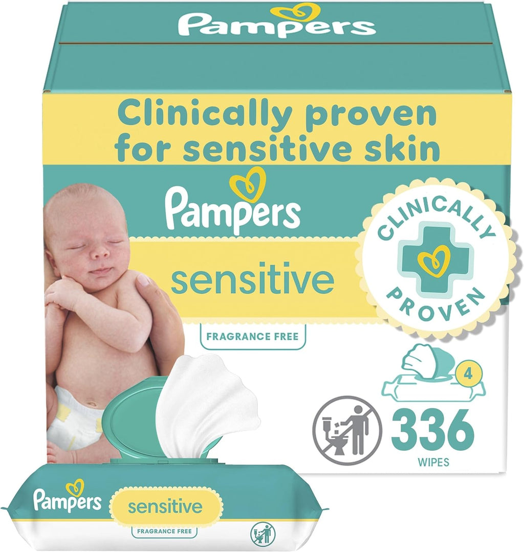 Pampers Baby Wipes, Sensitive, Water Based Wipe, Clinically Proven, Hypoallergenic, and Unscented for Babies, 336 Wipes Total (4 Flip-Top Packs)