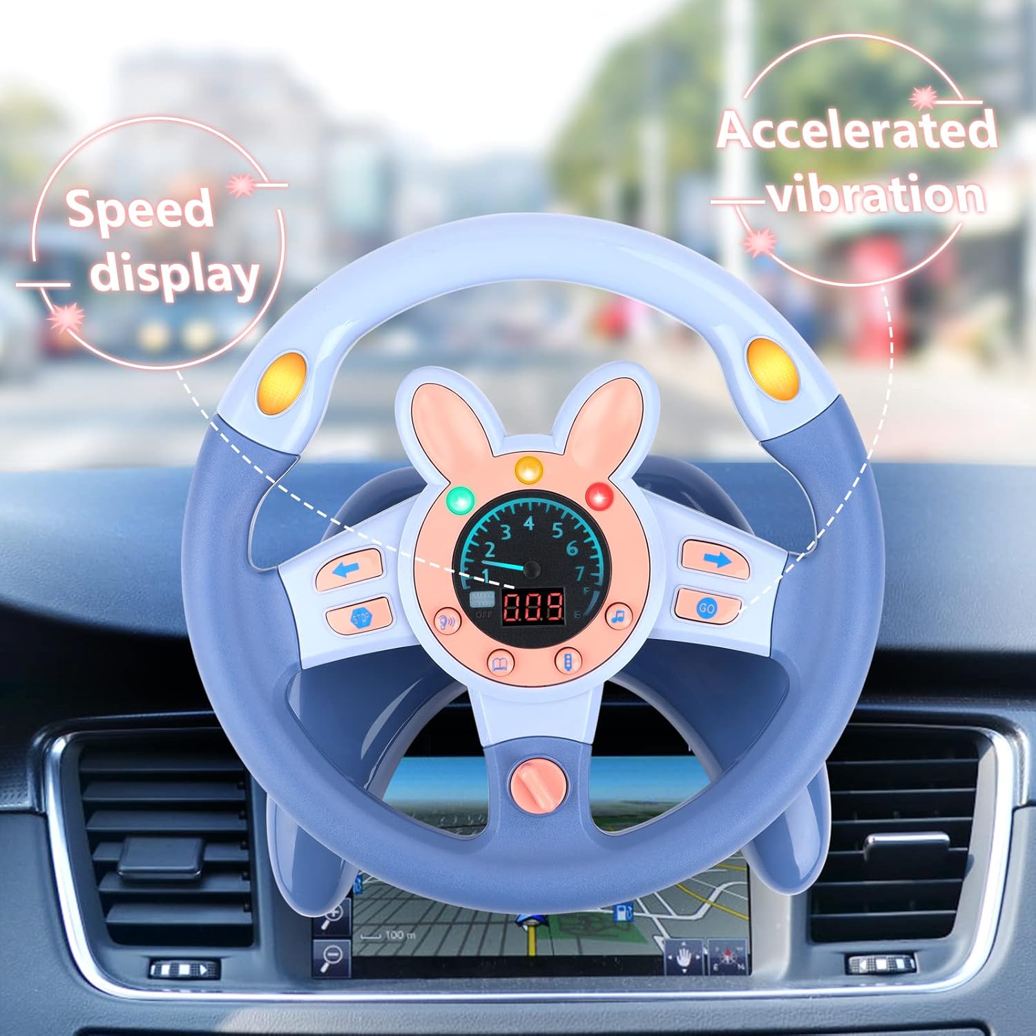 deAO Kids Steering Wheel for Backseat with Key Baby Toys Pretend Driving Simulated Steering Wheel Toy with Light and Music Gifts for Kids Toddlers Blue