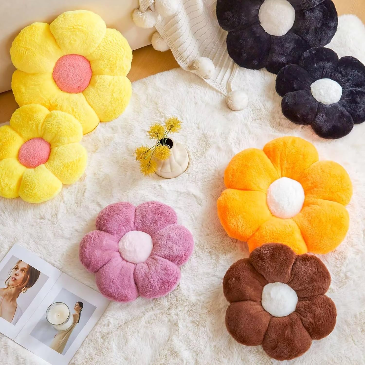 Black Flower Plush Throw Pillow, Cute Decorative Flower Shaped with Faux Rabbit Fur, 19.6" Soft Plush Floor Pillow for Bedroom Living Room