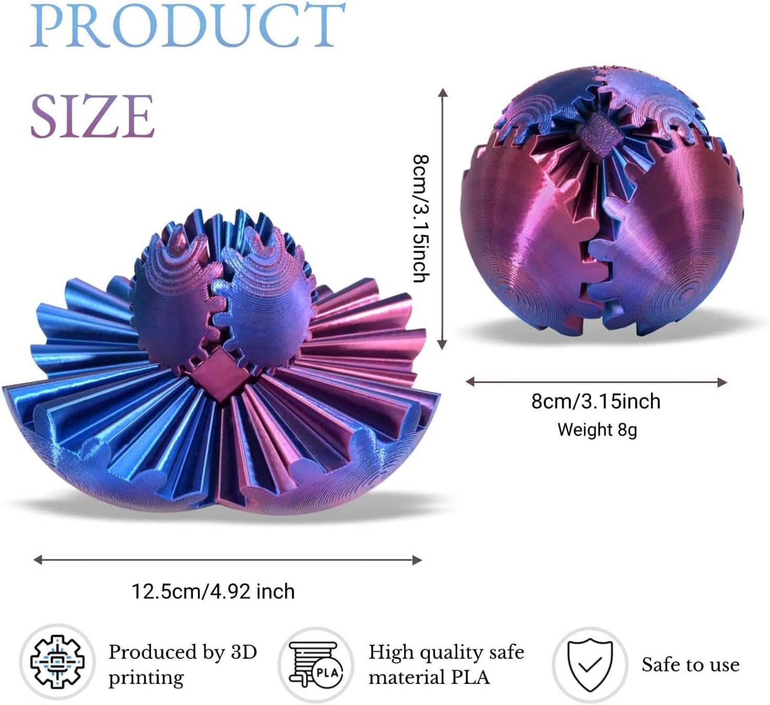 Gear Ball, Gear Sphere 3D Printed Gear Ball Fidget Toy Spin Ball, GearSphere Desk Toy, Stress Ball, Fidget Ball, Gear Toy for Stress and Anxiety Relaxing (Laser Red Blue)