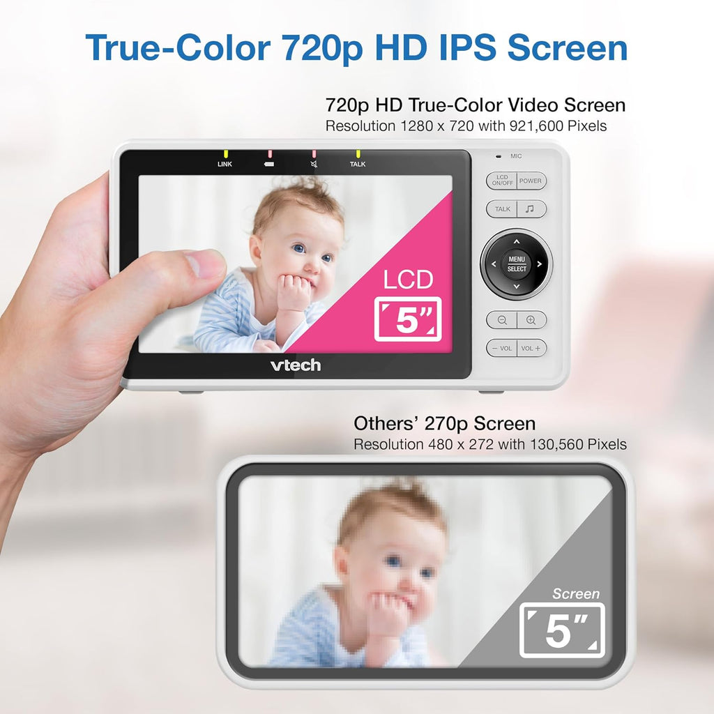 VTech Upgraded Smart WiFi Baby Monitor, 1080p FHD Camera and 5" HD IPS Display, Free App with Motion Video, Sound/Motion Detection and Notifications, Fully Remote Pan-Tilt-Zoom: VM901