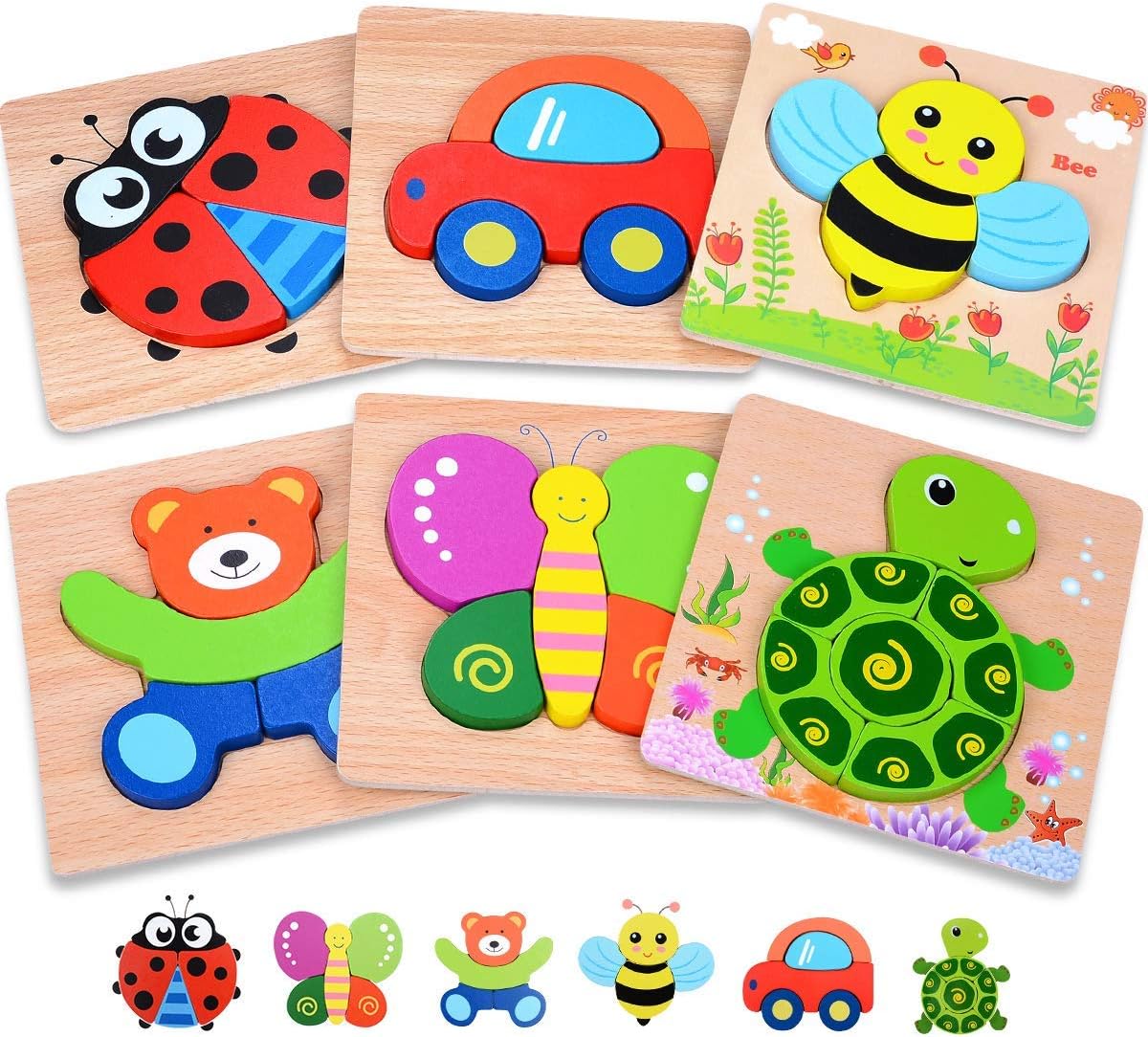 MAGIFIRE Wooden Puzzles 12-18 Months - Multicolor 6-Pack Animal & Vehicle Shapes with Storage Bag - Chunky Wood Puzzles for Fine Motor & Hand‐Eye Coordination - Ideal Toddler Gifts Age 1-2