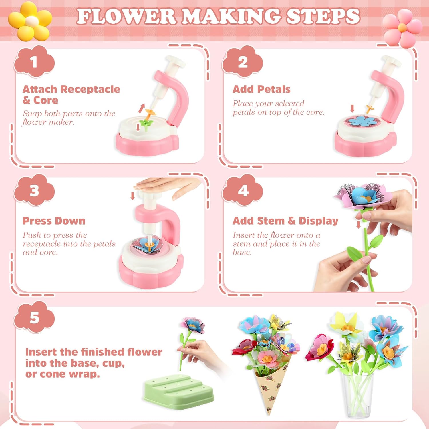 VoyCliza Flower Craft Kit for Girls Ages 4-8 – DIY Bouquet Maker Toy with Wrapping Paper, Creative Art Birthday Gift for Kids, Educational Craft Toys for Girls Age 5 6 7