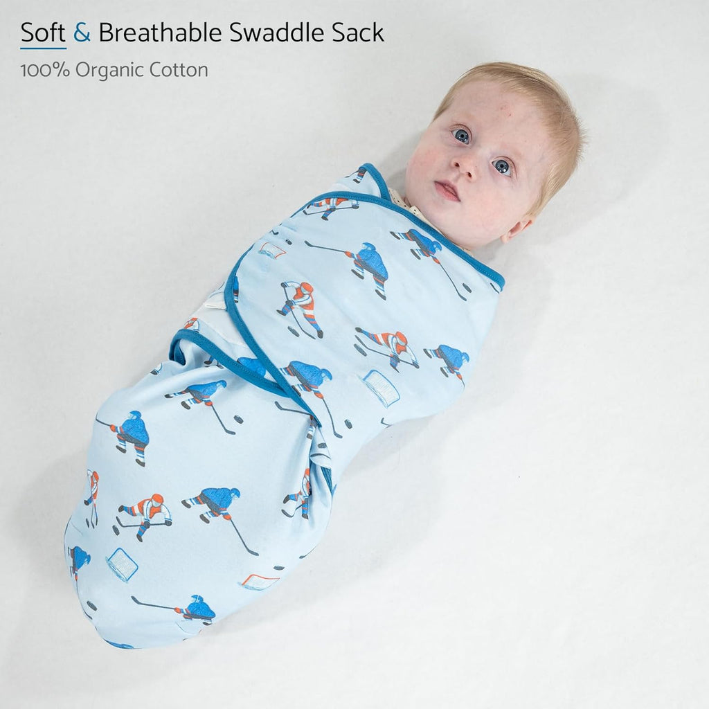 LollyBanks Baby Swaddle, 100% Organic Cotton Newborn Boy Swaddle Sack 3-6 Months, Newborn Baby Swaddle Blanket Wrap with Easy Change Zipper, Baby Registry Must Haves (Ice Hockey)