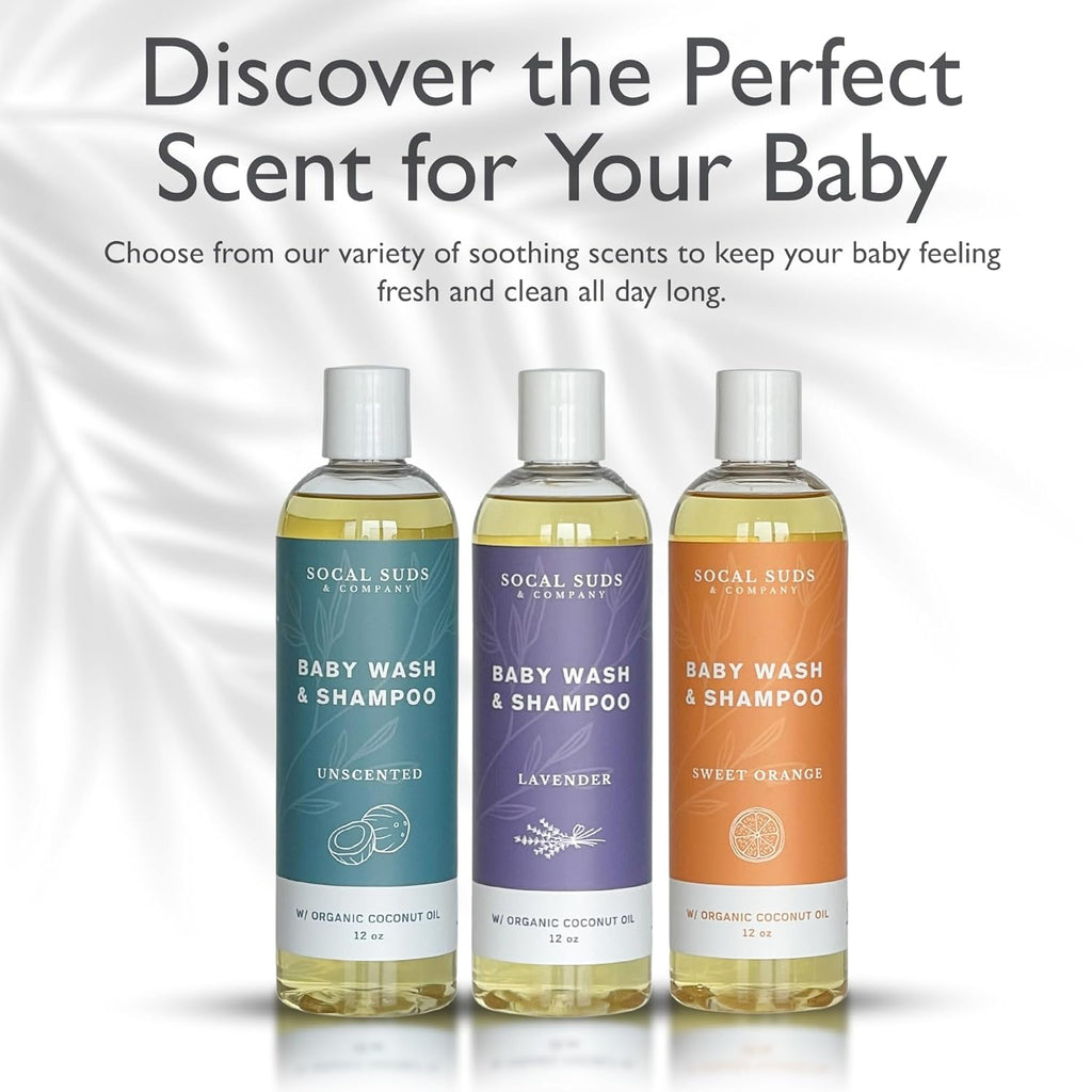SoCal Suds & Company Baby Shampoo & Body Wash, 2-in-1 Organic Gel - Gentle Castile Soap with Vitamin-Infused Oils & Botanicals - Natural Care for Sensitive Skin Hypoallergenic -12oz Fragrance Free 2Pk