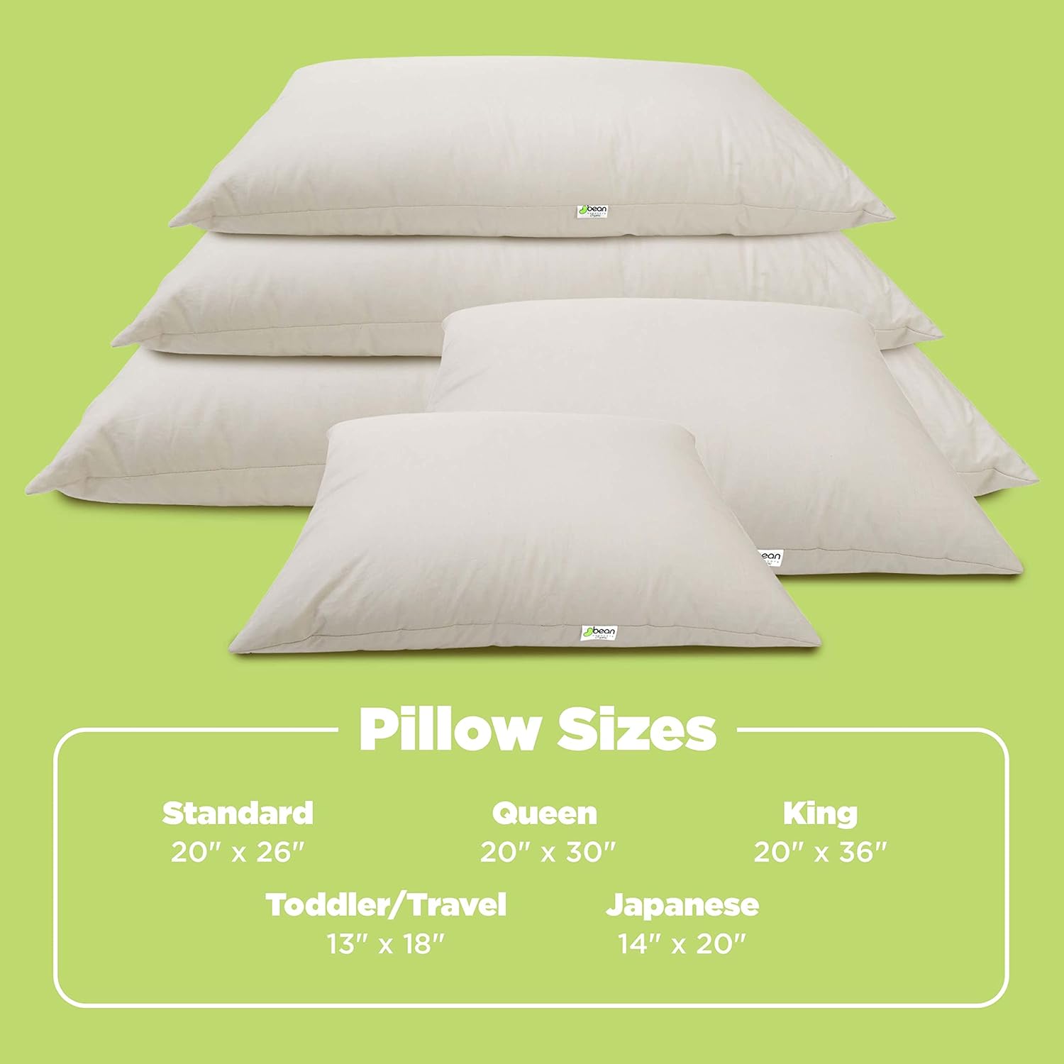 Bean Products Standard Organic Kapok Pillow + Natural Org Case - 20" x 26" - Organic Cotton Zippered Shell - Made in USA