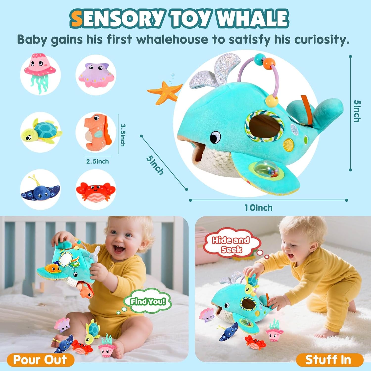 Baby Toys 6-12 Months - Soft Ocean Adventure Toy with Rattle, Crinkle Paper, Squeaker, Mirror - Baby Sensory Toys for 6+ Month Old Developmental, Montessori Toys for 1 Year Old Boy Girl Gifts