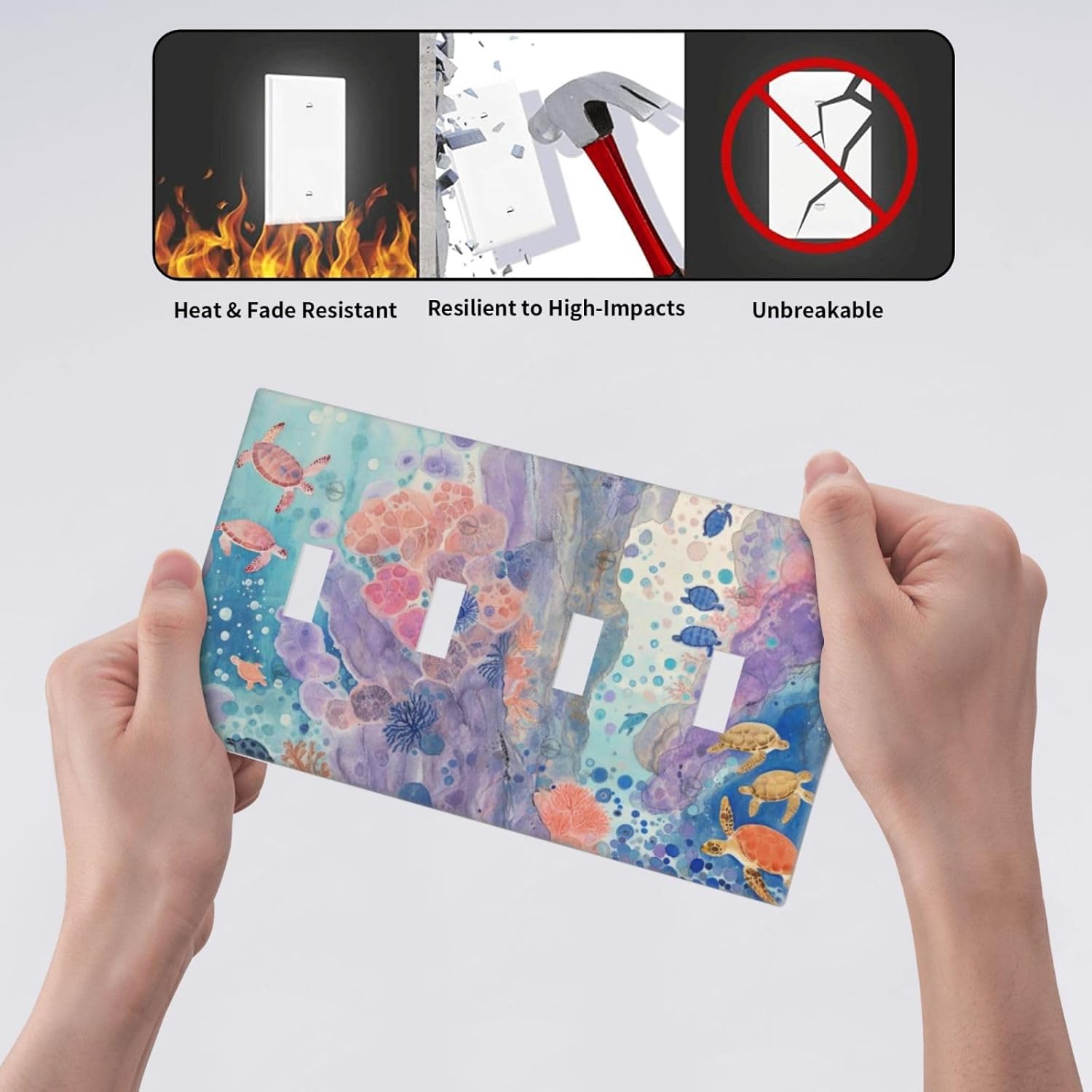 Turtle Coral Fish Watercolor Colorful Underwater World Light Switch Covers Quad Toggle Electrical Faceplate 4 Gang Wall Plate Decorative Switch Plates for Kids Room Home Decor