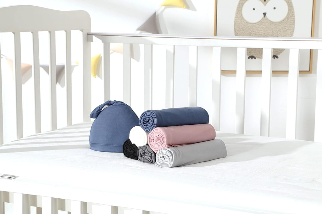 iEvolve Cotton Knitted Baby Swaddle Blanket with Hat Headband Set Newborn Swaddle Wrap Receiving Blankets for Baby Girl Boy 45" x 45"(White)