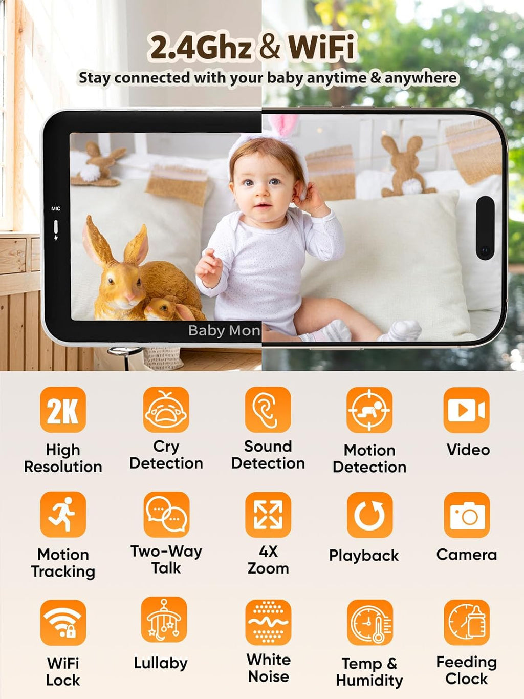 iFamily WiFi Baby Monitor with App – Smartphone Baby Monitor with 5" HD Monitor & 2K Camera, Night Vision, 2-Way Talk, Motion Tracking&Alerts, Temp Sensor, Lullabies,Secure WiFi Lock