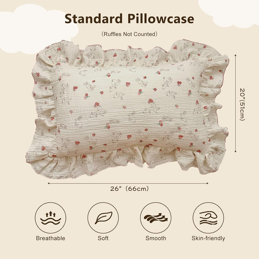BuLuTu Rabbit Floral Toddler Pillowcase Muslin Cotton Kids Pillow Case Standard Size, 20"x26", Soft Breathable Children Bedding Pillow Cover for Girls Boys,1 Piece, Bunny Pattern