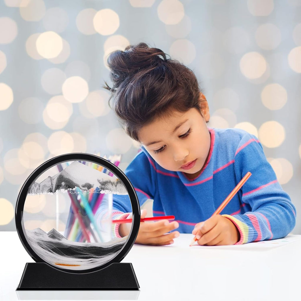 QLKUNLA Moving Sand Art Picture Liquid Motion 3D Deep Sea Sandscape in Motion Display Flowing Sand Frame Relaxing Desktop Home Office Work Decor Art Toys (7 inch, Black)