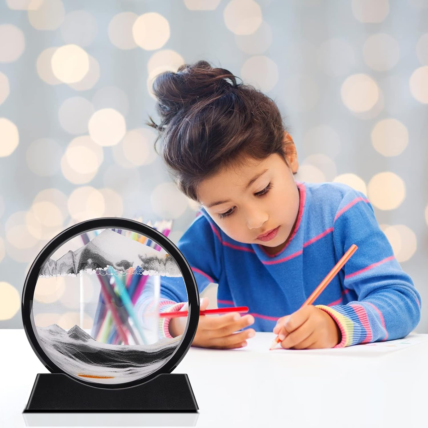 QLKUNLA Moving Sand Art Picture Liquid Motion 3D Deep Sea Sandscape in Motion Display Flowing Sand Frame Relaxing Desktop Home Office Work Decor Art Toys (7 inch, Black)