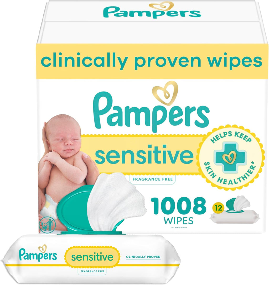 Pampers Baby Wipes, Sensitive, Water Based Wipe, Clinically Proven, Hypoallergenic, and Unscented for Babies, 1008 Wipes Total (12 Flip-Top Packs) [Packaging May Vary]