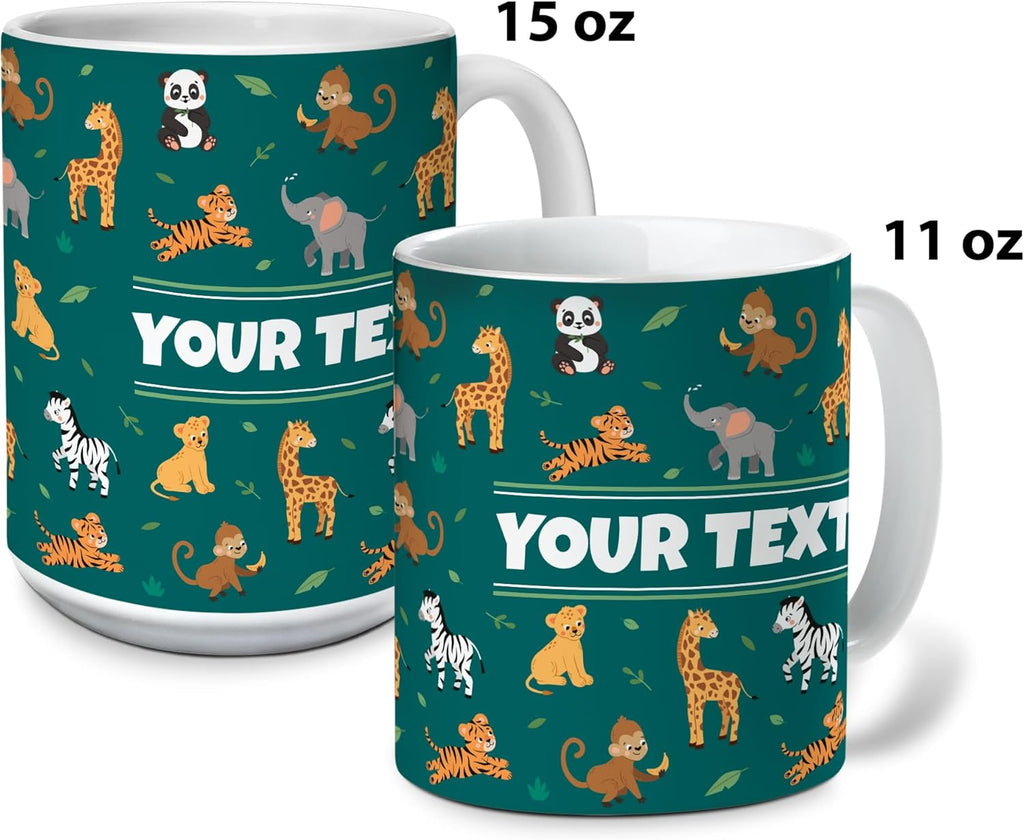 Personalized Mug for Kids - Zoo Animals - Custom Name/Text, Ceramic Hot Chocolate/Cocoa/Coffee Cup for Boys/Girls, Birthday/Christmas/Holiday Gift - 15 oz, Red Handle