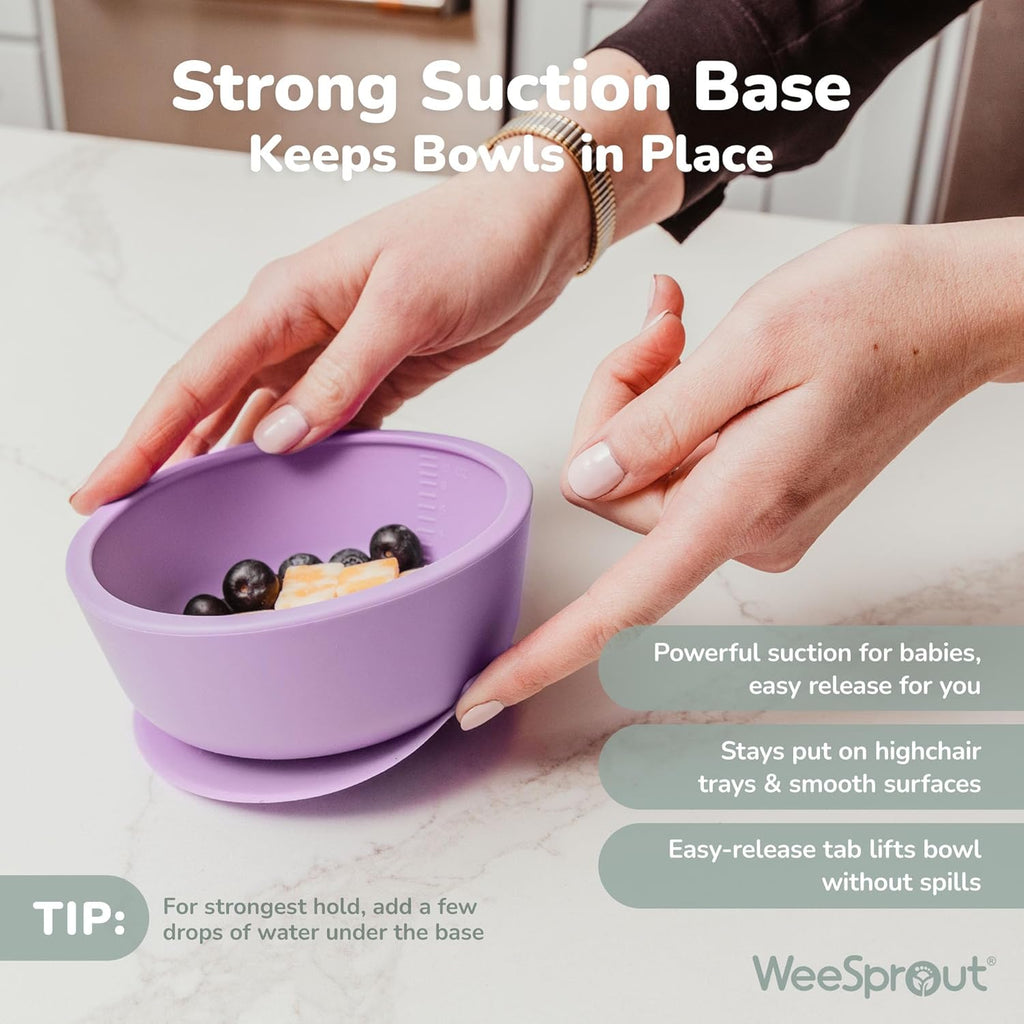 WeeSprout Suction Bowls for Baby & Toddlers (Set of 2) - 100% Silicone w/Plastic Lid - Leak Proof Feeding Supplies - Dishwasher & Microwave Safe Infant Dinnerware w/Extra Strong Base