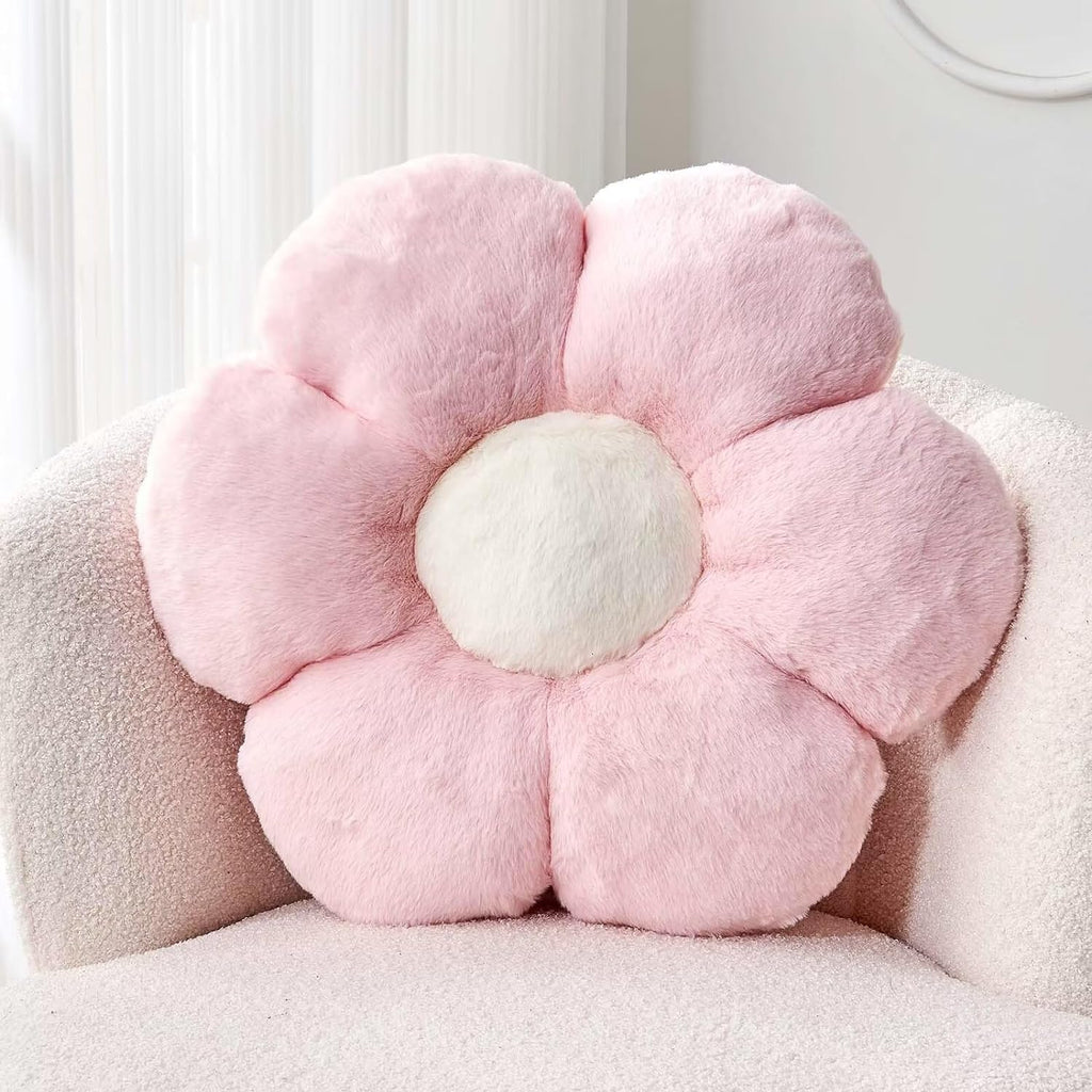 Pink Flower Pillow, Cute Decorative Flower Shaped Throw Pillow with Faux Rabbit Fur, 14.9" Soft Flower Plush Throw Pillow Floor Pillows Room Décor for Bedroom Living Room