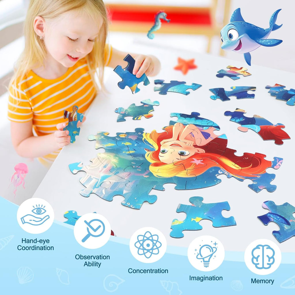 Floor Puzzles for Kids Ages 3-5, 70 Pieces Mermaid Jigsaw Puzzle for Toddler Girls Ages 3 4 5 6 7 8 Year Old, Large Round Underwater Princess Puzzle Educational Learning Toys Birthday Gift