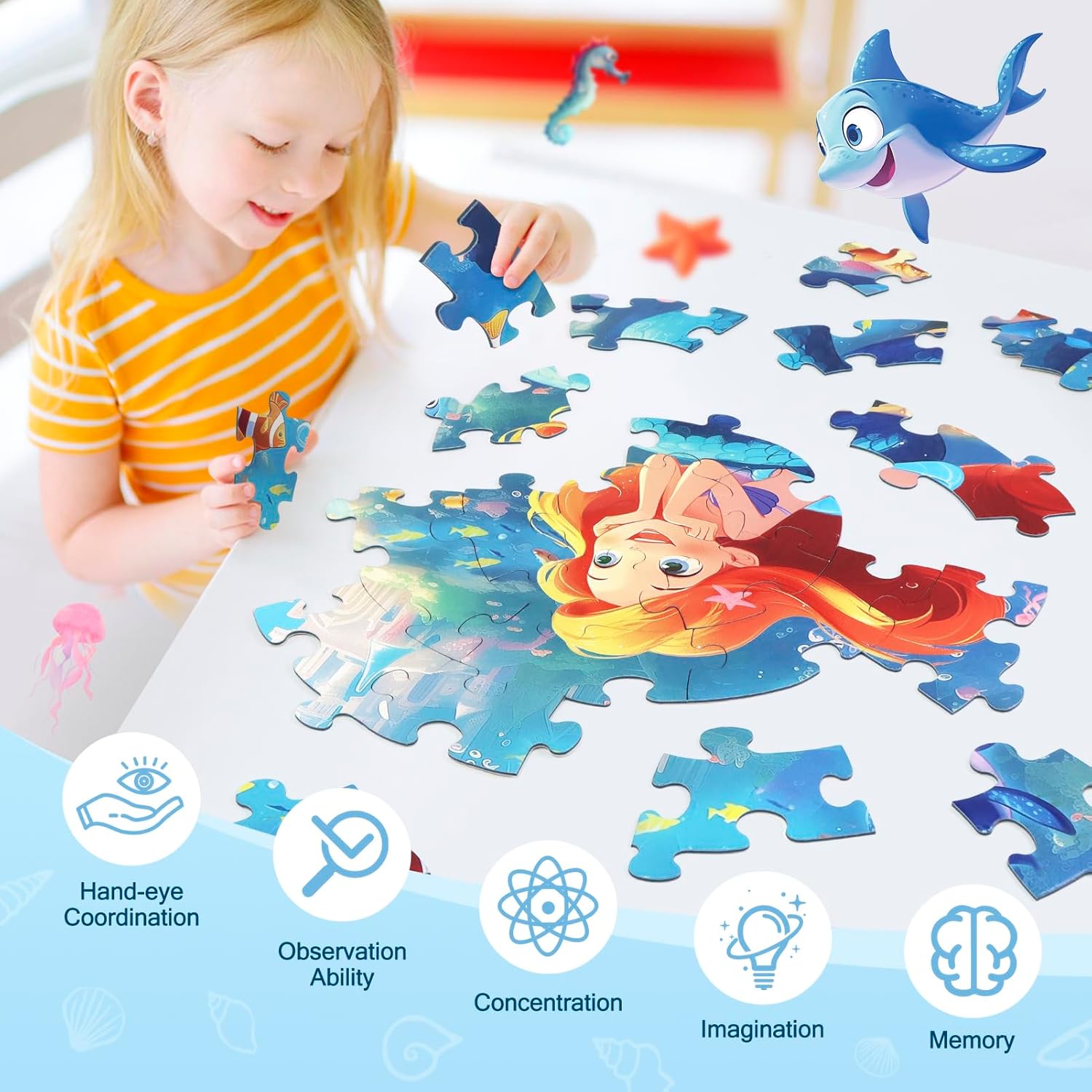 Floor Puzzles for Kids Ages 3-5, 70 Pieces Mermaid Jigsaw Puzzle for Toddler Girls Ages 3 4 5 6 7 8 Year Old, Large Round Underwater Princess Puzzle Educational Learning Toys Birthday Gift