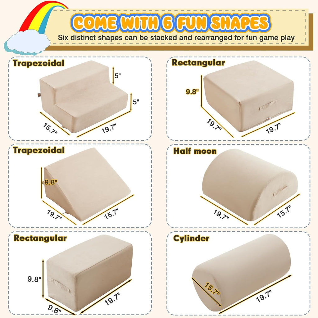 jela Foam Blocks 6Pcs Soft Play Equipment Luxury Miss Fabric, Toddler Climbing Toys Indoor Soft Play Climbing for Toddlers, Lightweight Climbing Blocks for Babies, Kids, Climb and Crawl Foam Playset