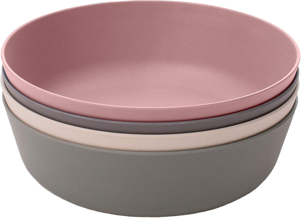 WeeSprout Bamboo Kids Bowls, Set of Four 15 oz Kid-Sized Dinnerware, Cereal, Leftovers & Snack Bowl, Dishwasher Safe (Pink, Green, Gray, & Beige)