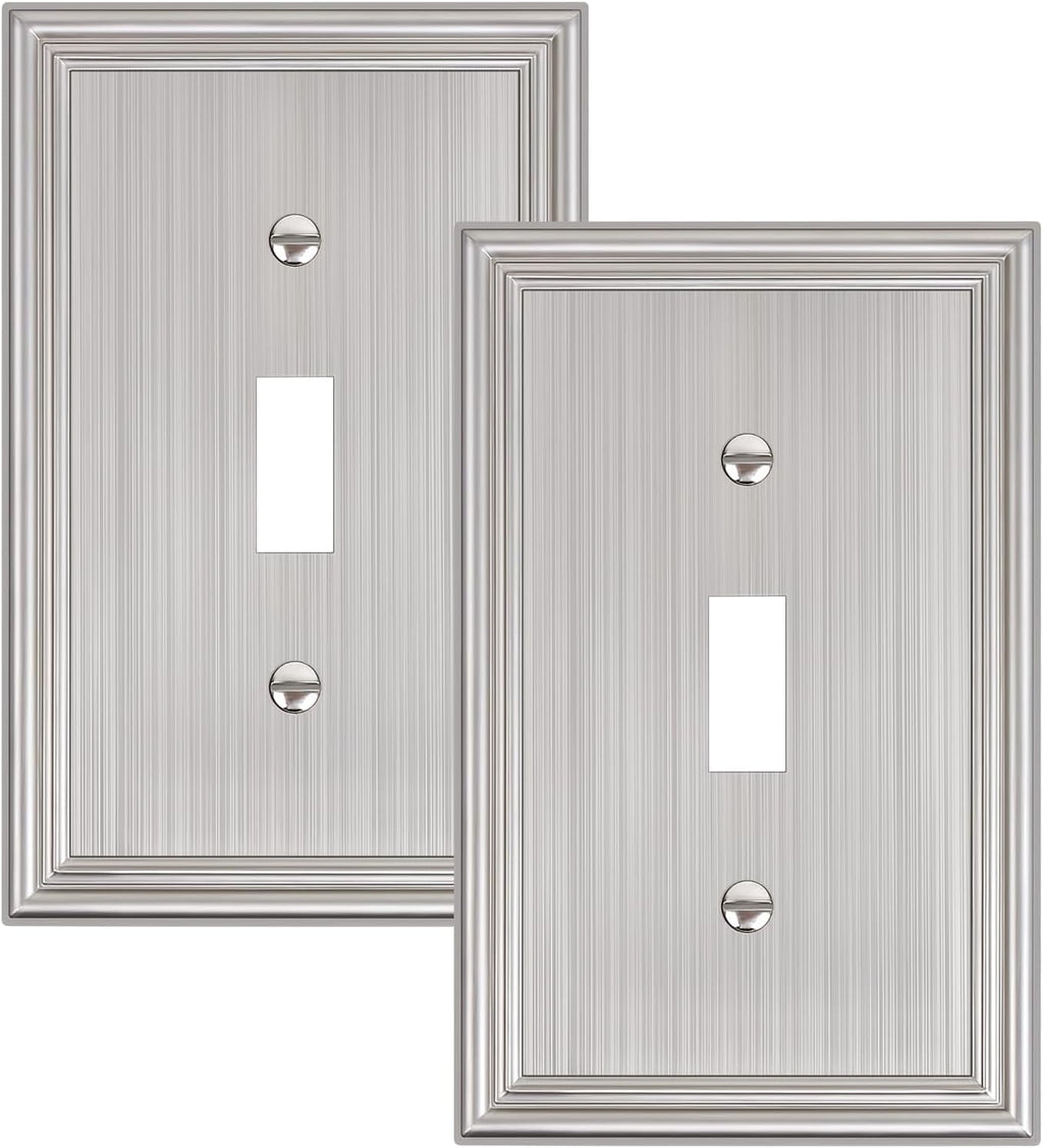 2-Pack Single Toggle Light Switch Cover Plate, Durable Solid Zinc Alloy Decorative Switch Plate Covers, Brushed Nickel 1 Gang Wall Plate, Corrosion Resistant