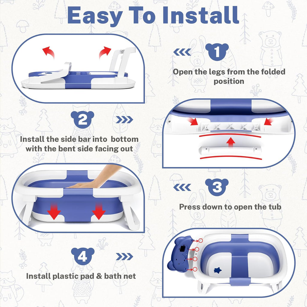 AVIDOR Baby Bathtub,Collapsible Bathtub for Newborn to Toddler,Durable Essential Infant Bath Tub,Portable Travel Baby Bathtub with Soft Cushion,No-Slip Hanging and Detachable Bathtub(Navy Blue)