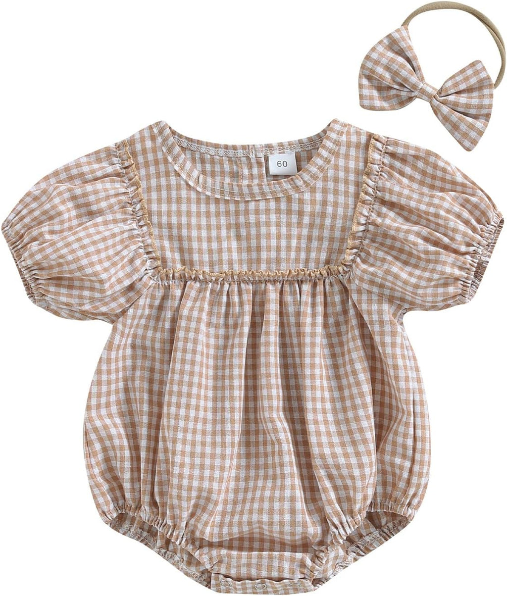 Douhoow Infant Baby Girl Plaid Romper Baby Sweatshirt Romper Ruffle Festival Clothes Fall Winter Outfits with Headband