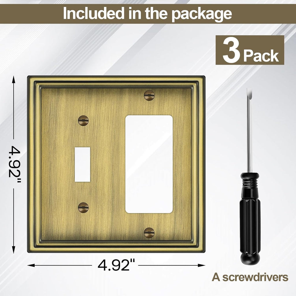 Combination Metal Light Switch Covers Wall Plate, 1 Toggle/1 Decorator Switch Plate Outlet Covers Antique Brass Decorative 2 Gang Wall Plate - Classic Style, 3 Pack