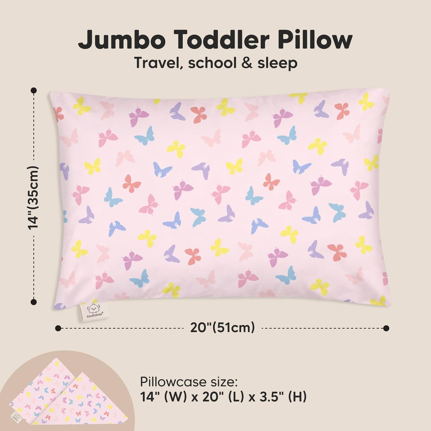 KeaBabies Toddler Pillow with Pillowcase, Jumbo 14X20 - Soft Organic Cotton Toddler Pillows for Sleeping - Machine Washable - Perfect for Travel, Toddler Bed Set (Flutter)