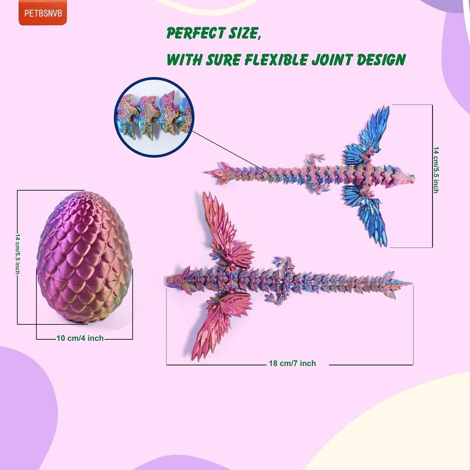 3 Colors 7" 3D Printed Dragon with Wings in Egg, Easter Basket Stuffers, Crystal Dragon Surprise in Eggs, Articulated Dragon, Dragon Fidget Toy, Home Office Decor Executive Desk Toy (Brown)