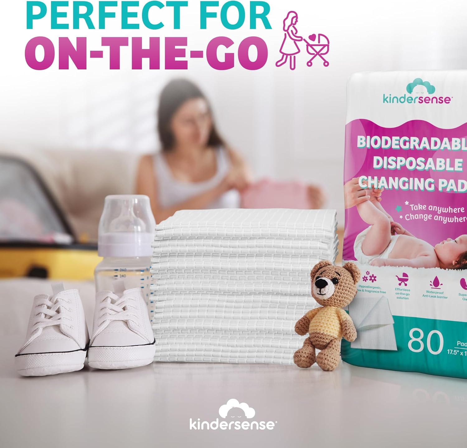 KinderSense - Disposable Changing Underpads for Baby Diaper (80 Pack) Extra Large (17.5" x 17.5") Portable Pee Pad Waterproof & Leak Proof Underpad Mat Incontinence Protection - Absorbent Changing Mat