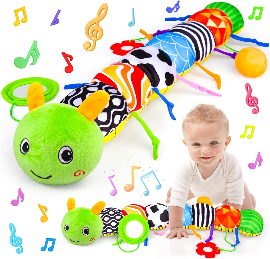 Baby Toys 0 to 12 Months, Stuffed Animal Infant Tummy Time Toys Sensory Toys with Crinkle, Rattles, Textures and Mirror Gifts for Newborn Boy Girls Toddlers, Caterpillar Musical Toy (Green)