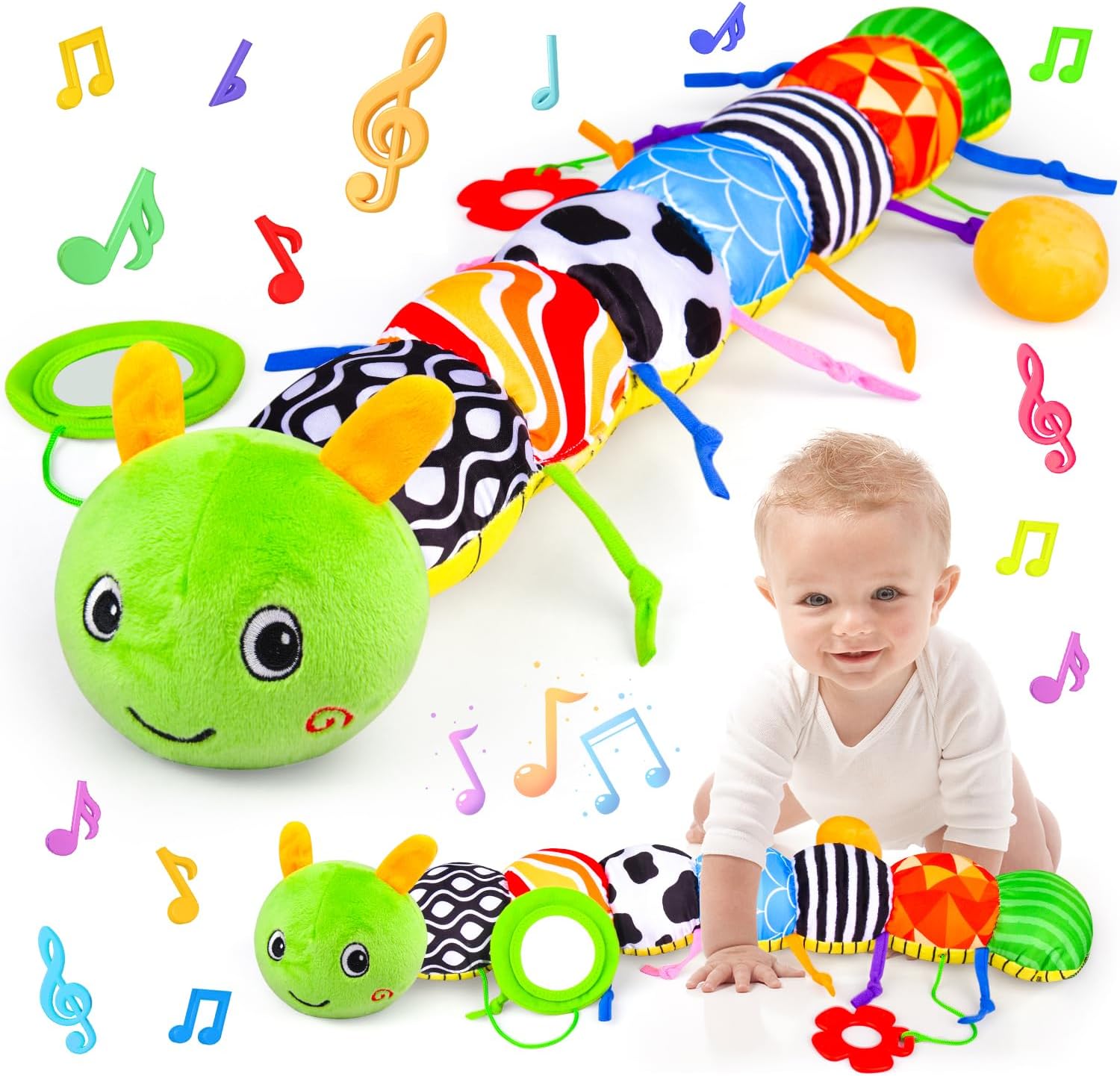 Baby Toys 0 to 12 Months, Stuffed Animal Infant Tummy Time Toys Sensory Toys with Crinkle, Rattles, Textures and Mirror Gifts for Newborn Boy Girls Toddlers, Caterpillar Musical Toy (Green)