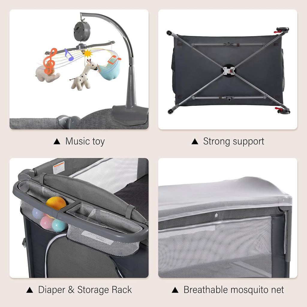 5 in 1 Baby Bassinet, Bedside Cribs, Pack and Play Changing Table, Portable Travel Baby Bassinet Toys & Music Box,Mattress for Girl Boy Infant Newborn (Grey)