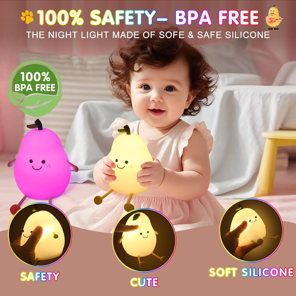 Night Light for Kids, 7 Color Changing BPA-Free Silicone Lamp with Touch Control, Eye Protection, Rechargeable Battery, Soft & Safe Nursery Lamp for Boys & Girls (Pear)