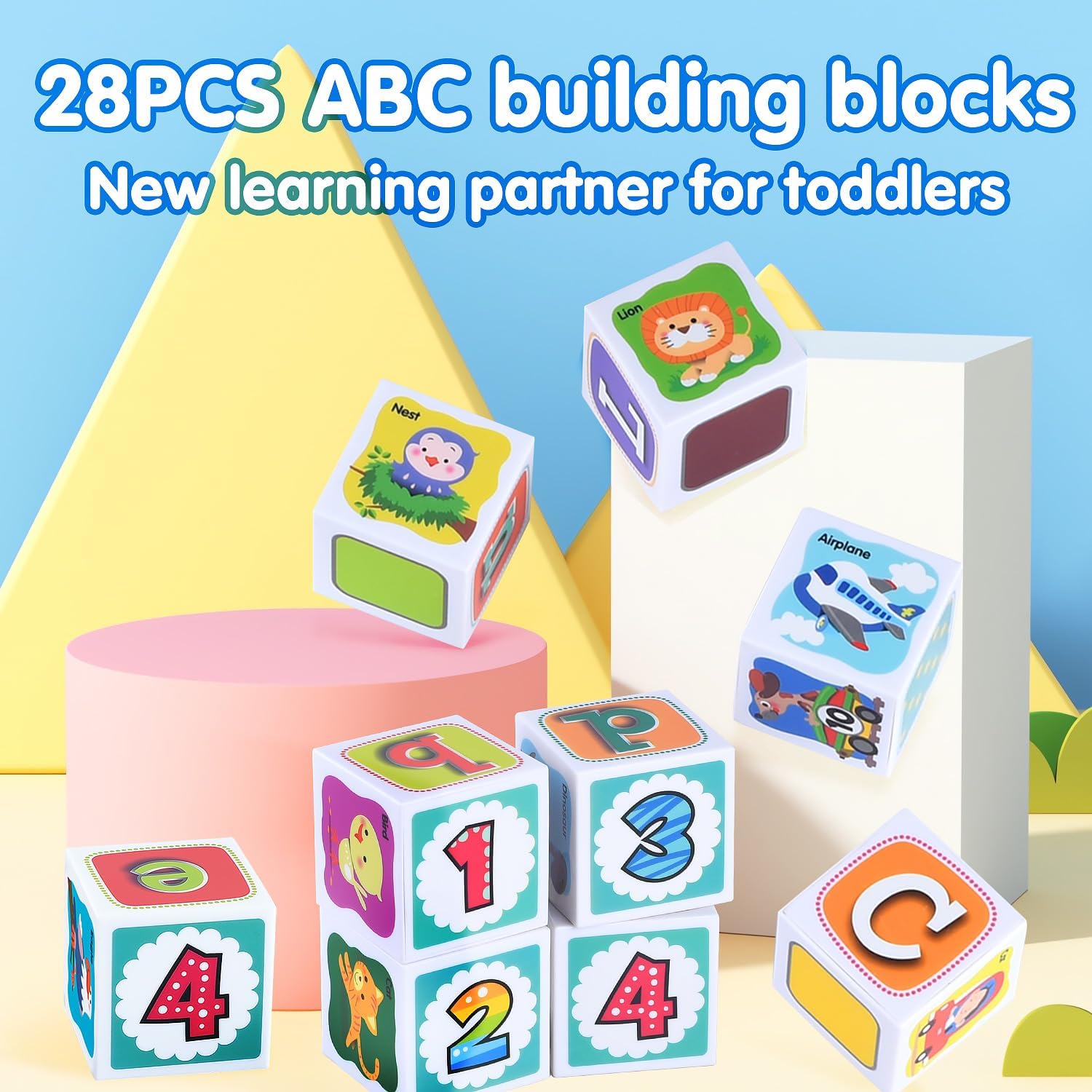 PLAY ABC Building Blocks for Toddlers 1-3, 28 PCS Plastic Baby Alphabet Letters Number Stacking Blocks Set, Preschool Learning Educational Montessori Sensory Toys Gifts for Kids Girls Boys