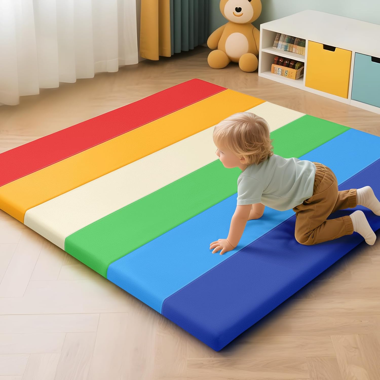 Foam Baby Play Mat: PU Leather Waterproof Kids Playmat - Trifold Floor Mat - Large Play Mat for Playpen Thick Pad Fodable Mattress Soft Toddler Mattress Infant Cushion for Preschool (Rainbow)